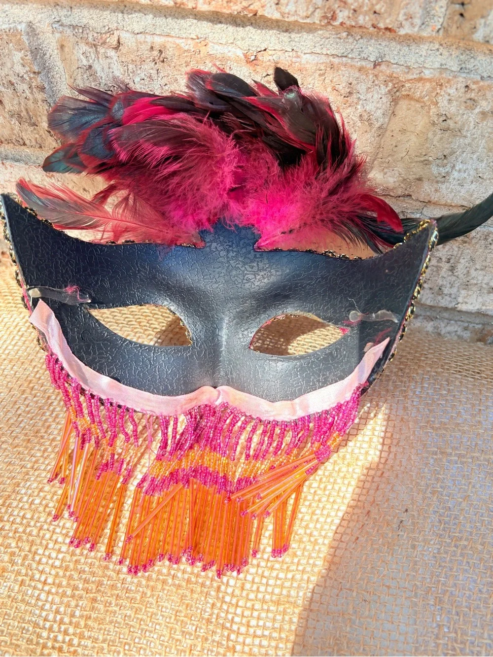 Pink Feathered Venetian Masquerade Mask with Beaded Fringe